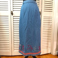 Vintage 90's Floral Embroidered Denim Maxi Skirt Cottagecore Prairie Size 10