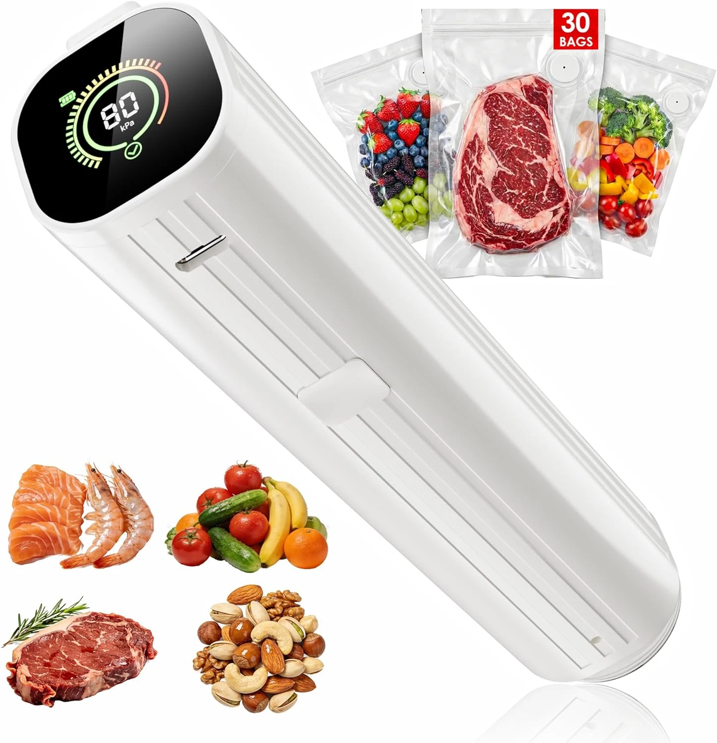 Compact Vacuum Sealer for Food (Vacuum Sealer Machine + 30 Reusable Vacuum Bags)