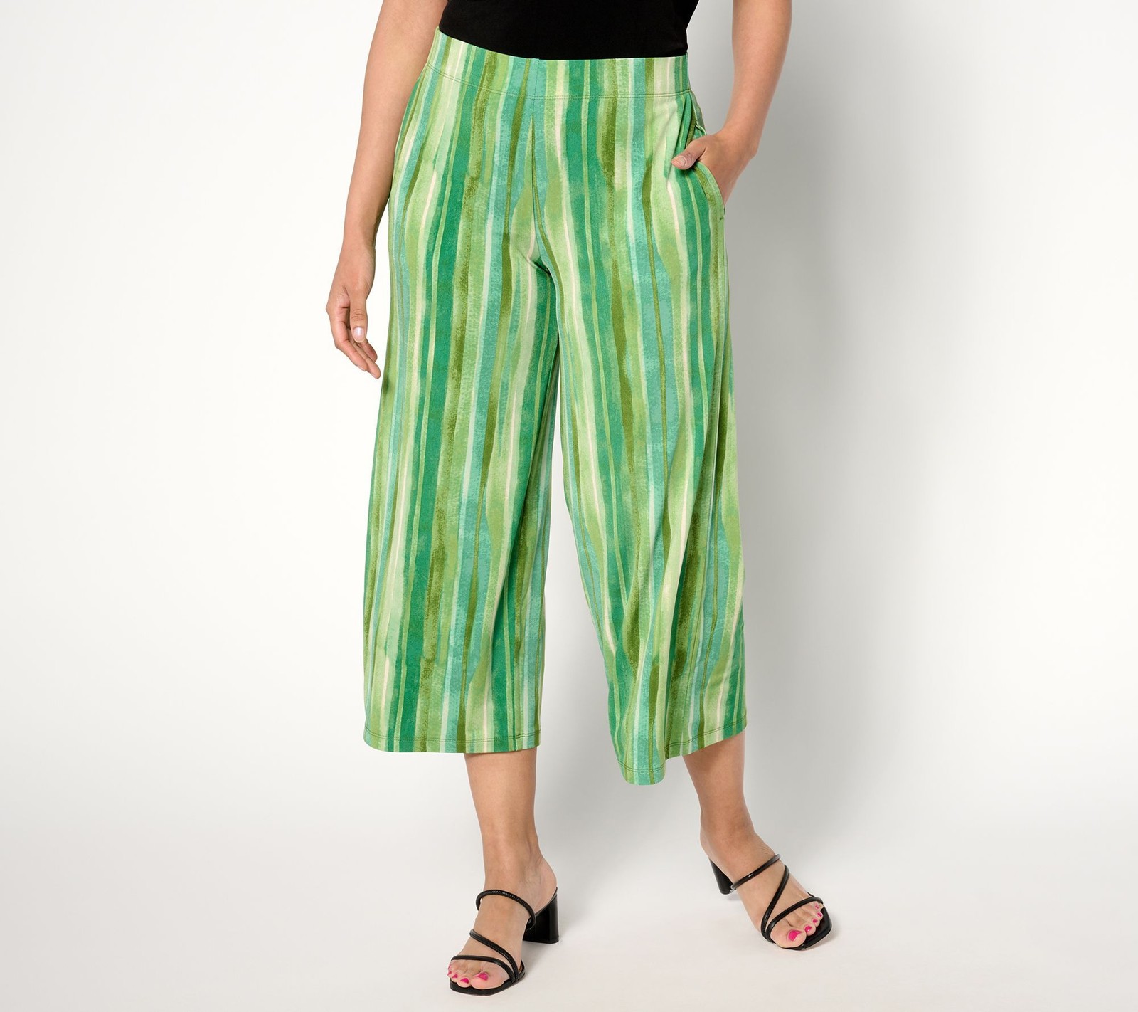 Susan Graver Women's Petite Pants PL Printed Liquid Knit Wide Leg Green A649310