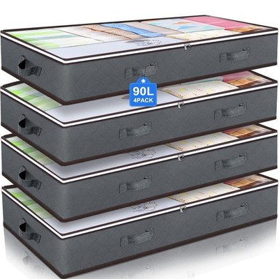 Budding Joy 90L Under Bed Storage Containers, Closet Organizers 4 Pack, Grey 