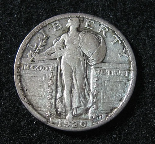 1920 d - STANDING LIBERTY QUARTER  - F /  VF  - Silver - 25c - Full Date Cleaned