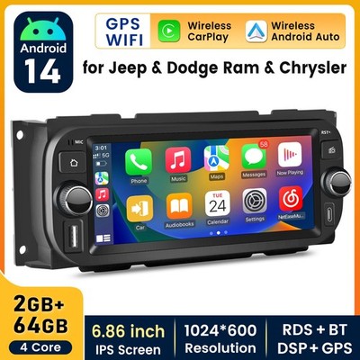 For Jeep & Dodge Ram & Chrysler Apple CarPlay Android14 Car Radio GPS Navi 2+64G