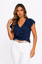 Women's Short Sleeve Casual Work Elegant Top blouse Shirt Ruffle V-neck Trendy