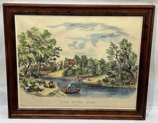 Antique Original Currier & Ives The River Side Vignette Lithograph ca.1857-72