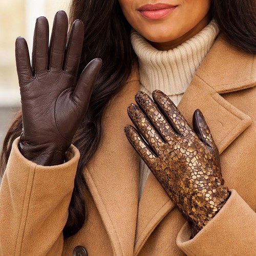 GUDER Brown/Metallic Foil Leather Gloves 7 ½ Cashmere Lined Animal Print Italy