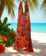 Anthropologie Farm Rio Halter Dress Size L Deep Vneck Jungle toucan plants red