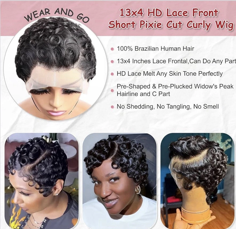 Peluca frontal de encaje rizada corte pixie 13x4 pelucas de cabello humano Foto 2 de 4