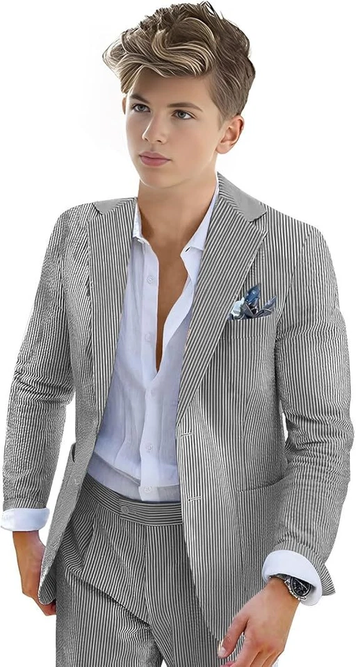 Костюм Seersucker для мальчиков смокинг из 2 предметов летний пляж свадебный блейзер брюки - Изображение 2 из 4