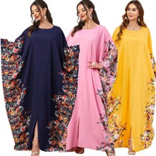 Dubai Printed Abaya Women Kaftan Muslim Maxi Dress Batwing Sleeve Robe Islamic
