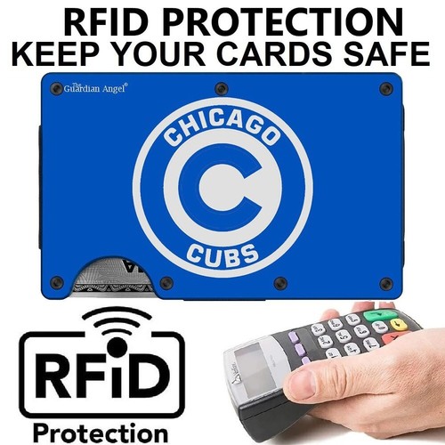 Chicago Cub Guardian Angel Engraved Titanium Blue RFID Blocking Wallet wClip D7 - Picture 2 of 11