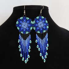 Huichol Beaded Dangle Earrings Blue Flower Me...