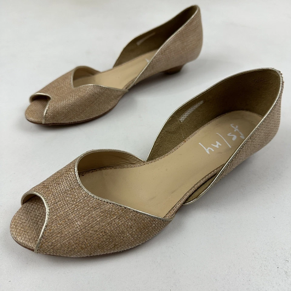 FS/NY 一脚蹬露趾棕色金色编织 D'Orsay 圆锥形鞋跟 9.5 码巴西制造 — 第 2/4 张图片