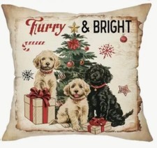 Vintage Dog Puppies Christmas Tree Throw Pillow Cover Winter Holiday Home Decor