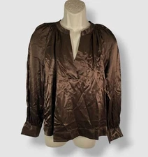 Rails Women's Brown Wynna Satin V-Neck Long-Sleeve Ruched Blouse Top Size L