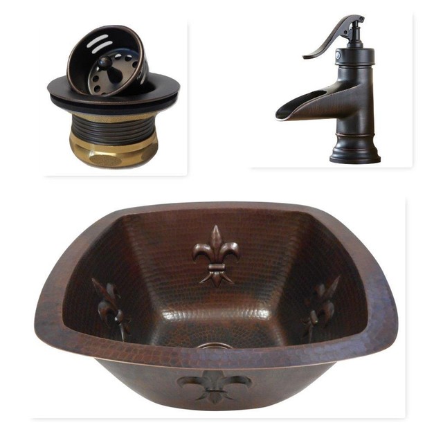 15" Square Copper Bar Sink with FLEUR DE LIS design and 2" Drain and