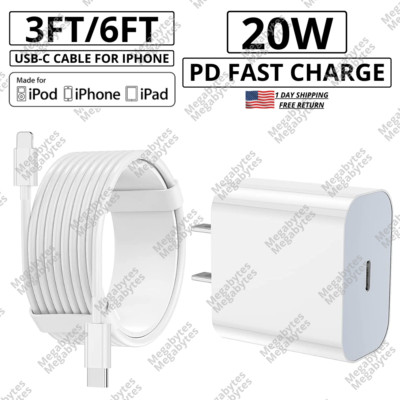 For iPhone 14 13 12 11 Pro Max 20W USB-C Fast Charger Wall Adapter PD Cable Cord