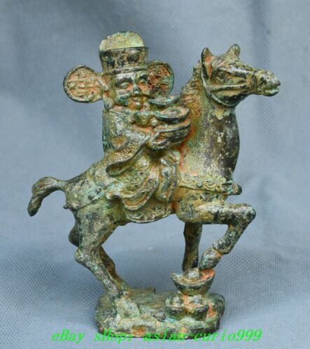 4,3'' ancienne dynastie bronze marchandise yuanbao argent richesse dieu mammon chevauchement statue de cheval - Photo 1 sur 13