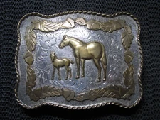 WESTERN STERLING SILVER HORSE & FOAL BELT BUCKLE! VINTAGE! RARE! DIABLO! 151g!
