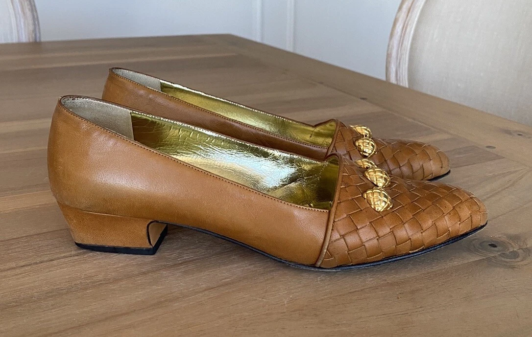 Bottega Veneta Mocassini in pelle taglia 6 5 accenti oro tessuto cammello vintage