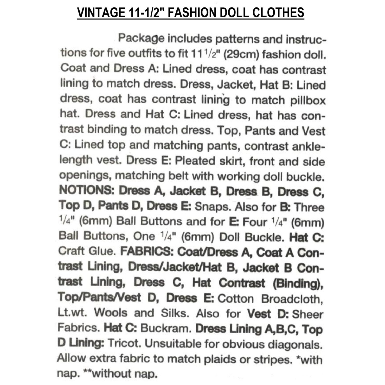 11-1/2" Barbie Doll Clothes Sewing Pattern
