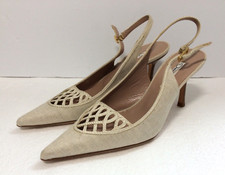 Oscar De La Renta Linen Pointed Toe Pump Satin Ivory Ankle Strap Heels 7.5