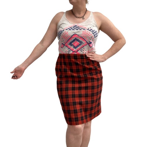 Vintage Skirt Pencil Check Wool Size 10 12 Tartan Red Black Straight 80s Office - Picture 10 of 22