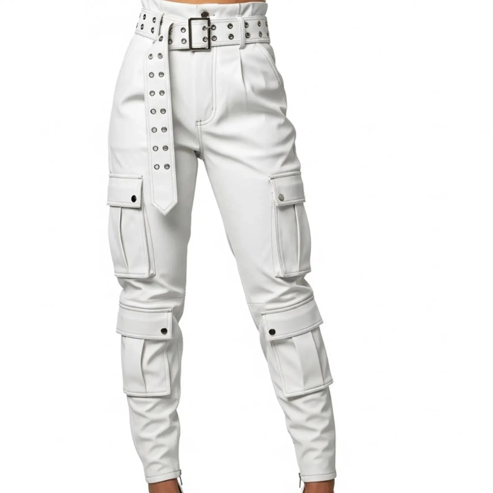 Mens Genuine Leather Cargo Pants - White Tactical Streetwear Trousers - Handmade