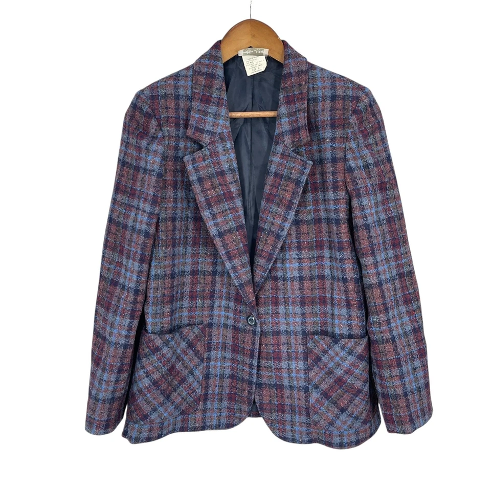 Blazer Academia Vintage Mujer Talla 8 Preppy Borgoña Cuadros Mezcla Lana Forrado EE. UU. Foto 3 de 4