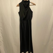 Women SM Pretty Garden Asymmetrical Mock Collar Black Cocktail Tea Length Dress