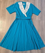 Vintage Leslie Fay Teal Embroidered Lapel Dress 14 Secretary Cottagecore
