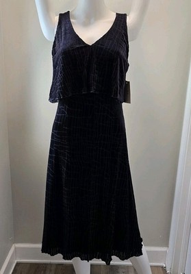 Halston Velvet Midi Dress Black  Texture Layered top V-Back Halloween NWT Size 4