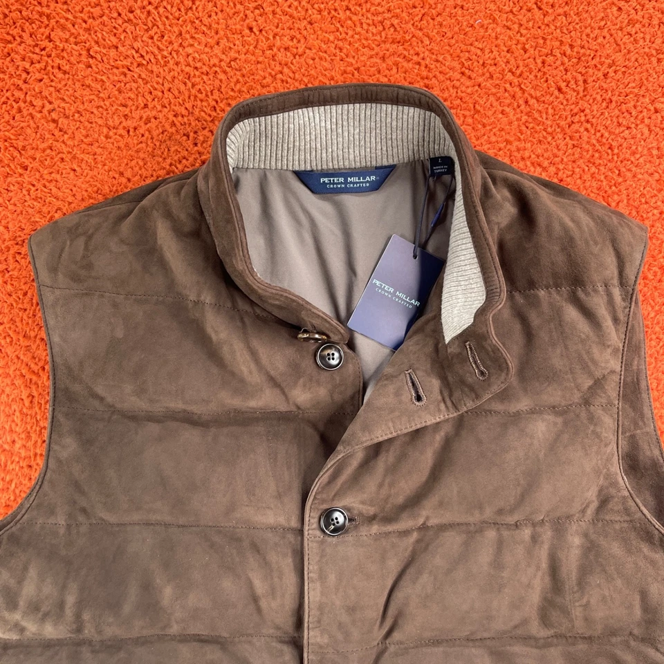 PETER MILLAR Men LARGE Cordova Suede Lamb Wool Cashmere Puffer Vest Brown $1495 - Image 4 of 4