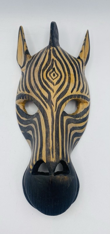 African Wooden Zebra Head Mask Painted Hand Carved Hanging Wall Art Decor