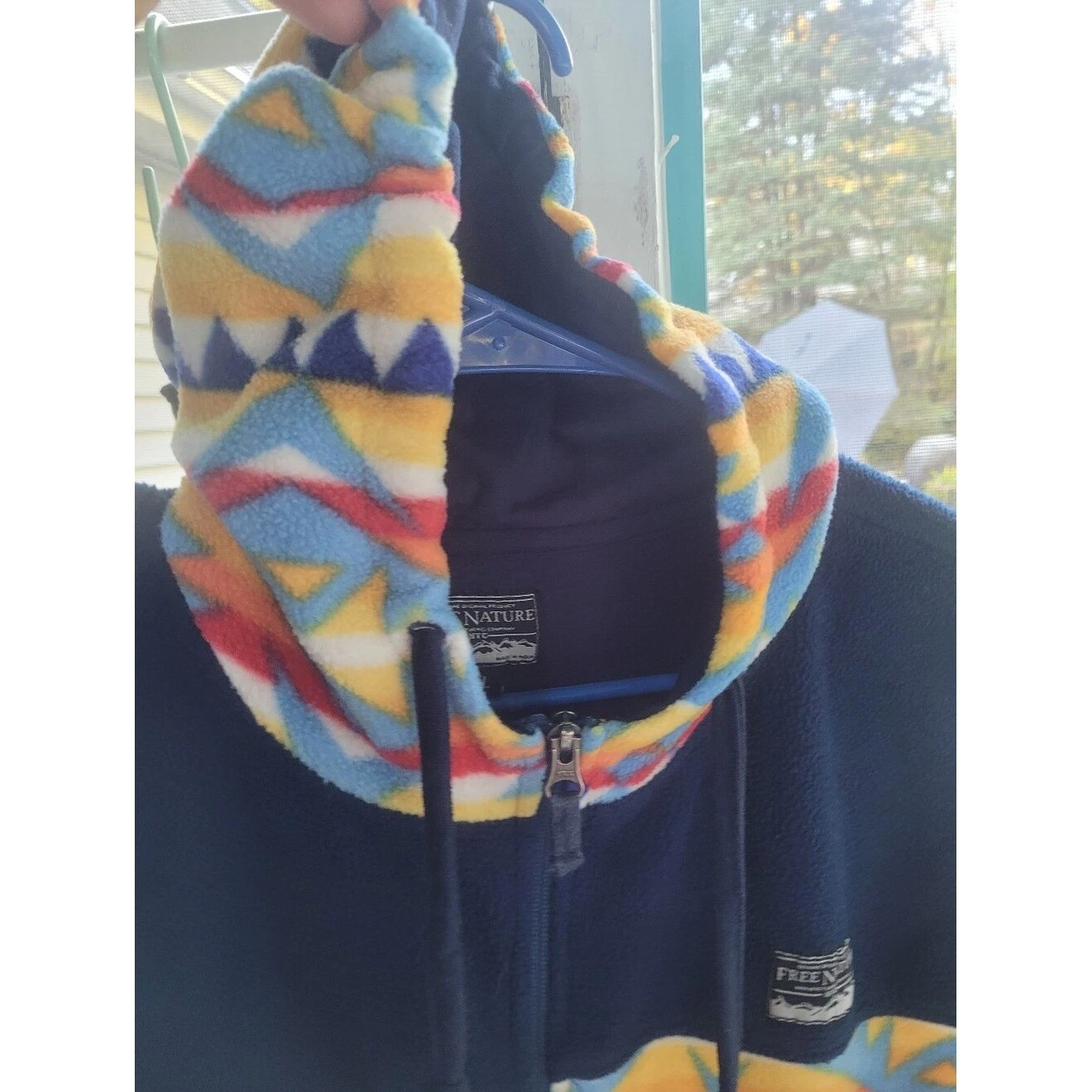 Free Nature Fleece Vest Hood Yellow Blue Aztec Southwest Zip Up XL - product detail image 4