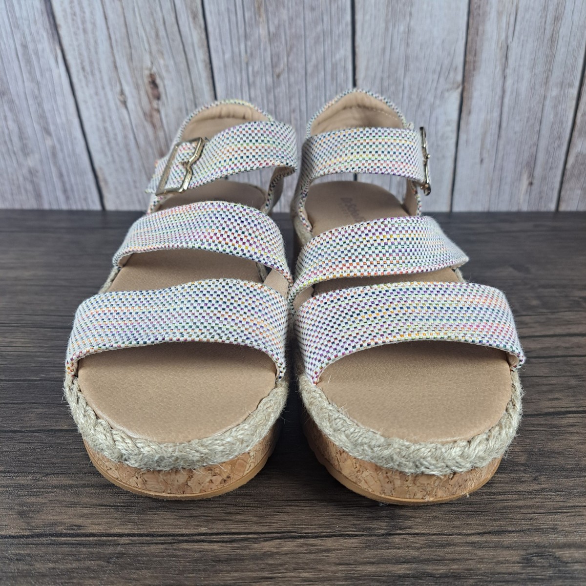 Scholl's Ellie Espadrille Wedge Sandals Off White Multi Women's Sz M (VGC)