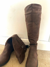 Womens Brown Knee High Faux Suede Riding Boots Low Block Heel Zip Buckle