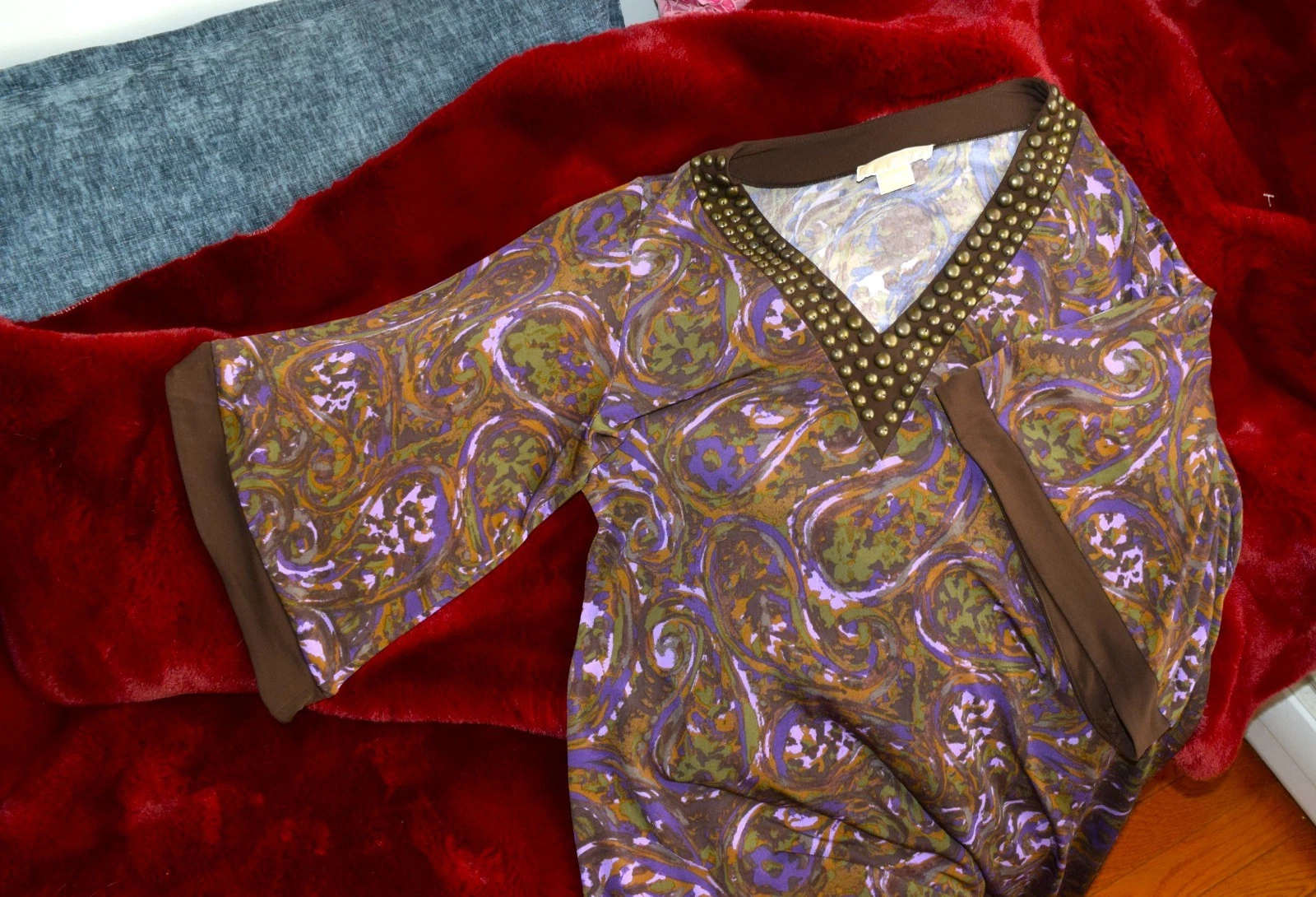 Abito donna Michael Kors tubino grande manica kimono 3 4 borchie scollo a V paisley