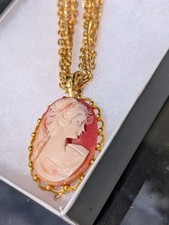 Vintage cameo pendant necklace 16 Inch Choker 4 Strand Chain. Gold tone