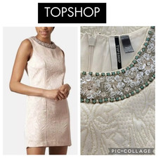Topshop Ivory Jacquard Gold Glitter Silky Embellished Floral Mini Dress UK 10 38