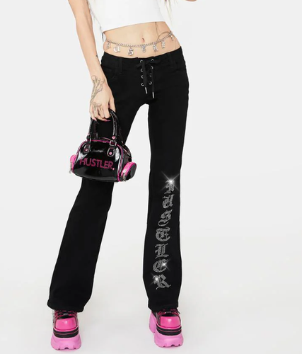 Dolls Kill x Hustler Going Down Rhineston Jeans Women Size Medium Star Flared - Picture 2 of 8
