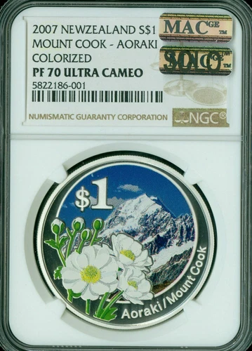 2007 NEW ZEALAND $1 COLORIZED COOK AORAKI NGC PF70 UCAM MAC SOLO FINEST SPOTLES