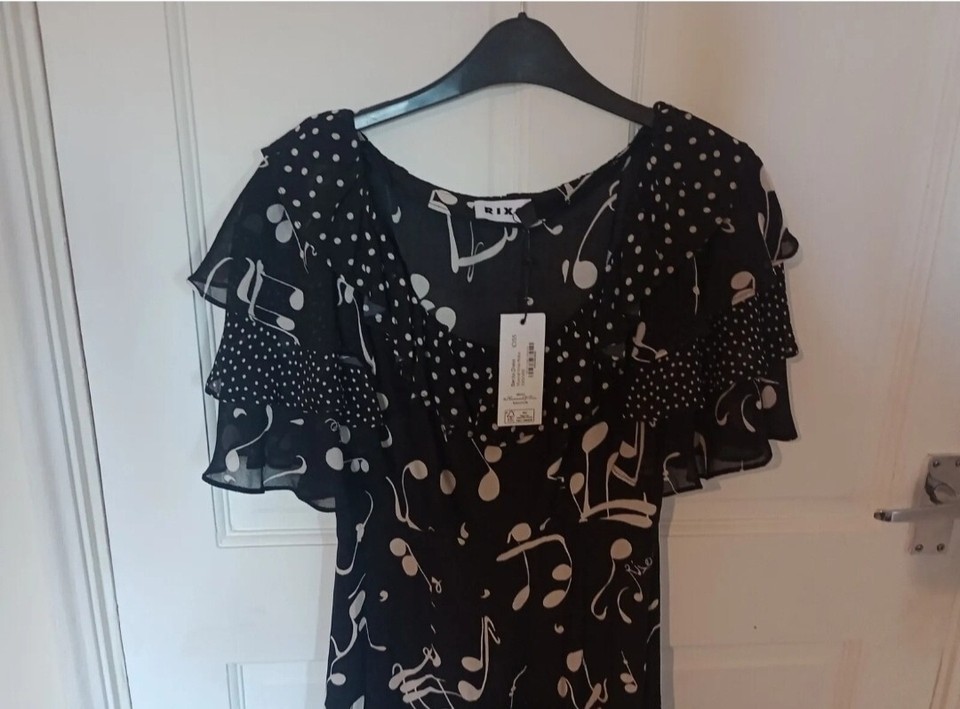 BNWT RIXO Black Frill Silk Midi Dress Size UK 12 eBay
