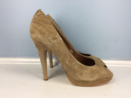 Zara Brown Suede Leather Peep Toe Heel Ruched Excellent 39 8 Cocktail Classic - Picture 2 of 5