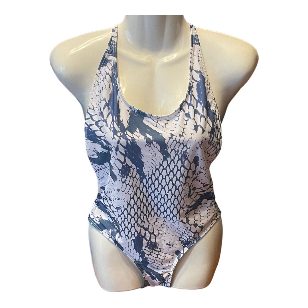 Swimsuit 1-Piece Medium Snakeskin Print Blue White Scoop Back Pool Swim Beach-image