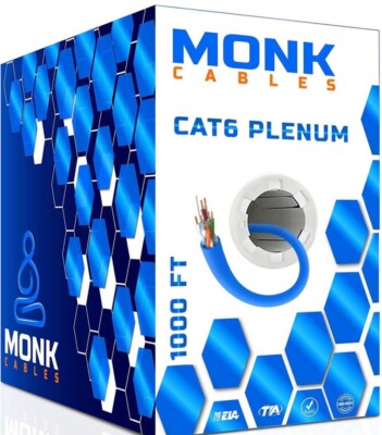 Monk Cables CAT6 Plenum 1000FT UTP 23AWG 550MHz |DSX Fluke Test Certified Blue