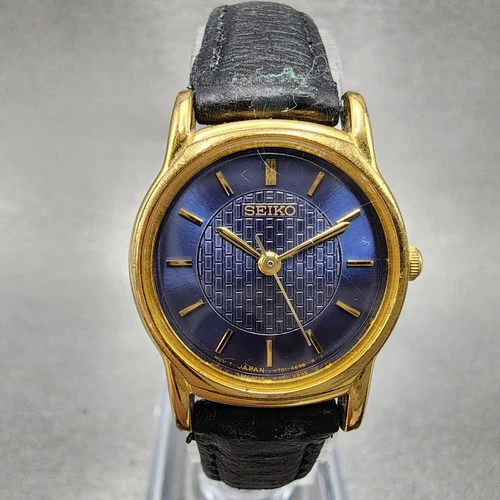VTG Seiko Watch Women 22mm Blue Dial Gold Tone Round V701-A110 New Battery