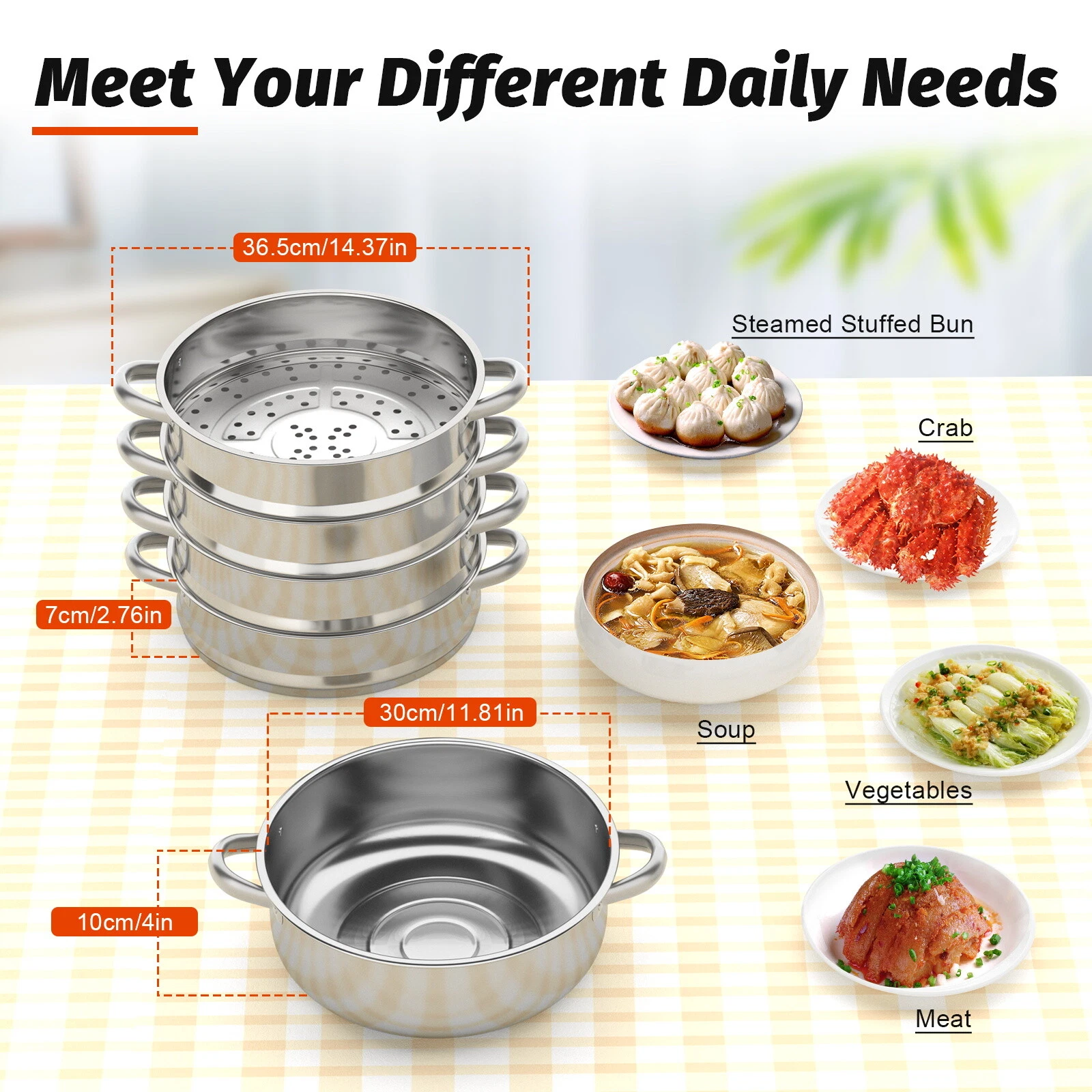 5-Tier Stainless Steel Steamer Steam Food Cooker with Glass Lid Steam Pot 30 cm