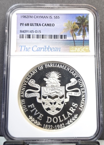 1982 CAYMAN ISLANDS SILVER 5 DOLLARS S$5 NGC PF 68 ULTRA CAMEO RARE GEM PROOF