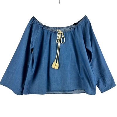 O'Neill Women's Chambray Off-Shoulder Peasant Top Tassel Tie Blue Size M