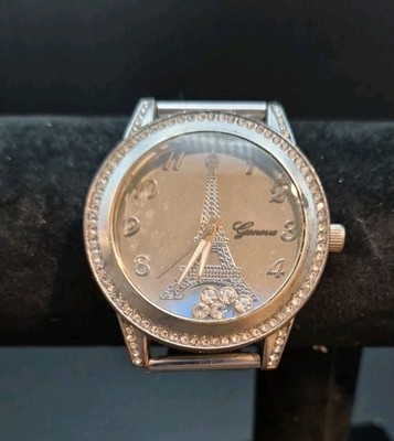 Geneva Quartz Watch Eiffel Tower Mirror Dial Men Silver Rhinestone New Battery